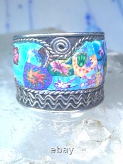 Millefiori ring cigar band rope flower design glass sterling silver size 5.5