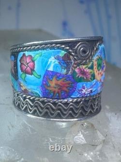 Millefiori ring cigar band rope flower design glass sterling silver size 5.5