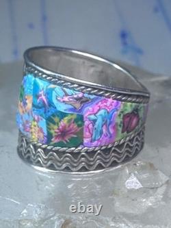 Millefiori ring cigar band rope flower design glass sterling silver size 5.5