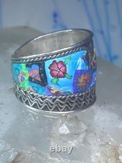 Millefiori ring cigar band rope flower design glass sterling silver size 5.5