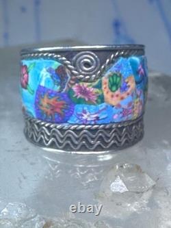Millefiori ring cigar band rope flower design glass sterling silver size 5.5