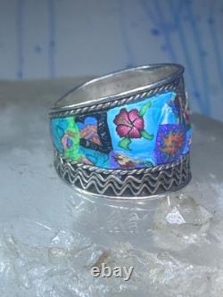 Millefiori ring cigar band rope flower design glass sterling silver size 5.5