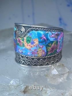 Millefiori ring cigar band rope flower design glass sterling silver size 5.5