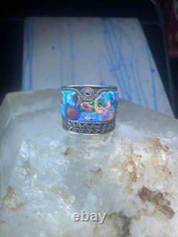 Millefiori ring cigar band rope flower design glass sterling silver size 5.5