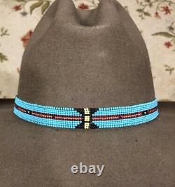 NATIVE Handmad Bead Hatband HAT BAND GENUINE ZUNI TURQUOISE STERLING SILVER BOLO