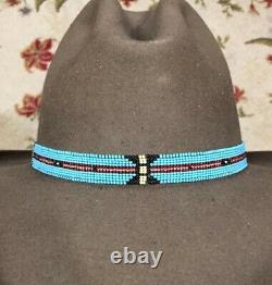 NATIVE Handmad Bead Hatband HAT BAND GENUINE ZUNI TURQUOISE STERLING SILVER BOLO