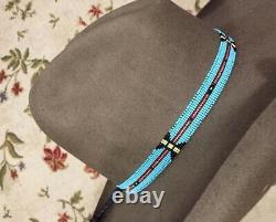 NATIVE Handmad Bead Hatband HAT BAND GENUINE ZUNI TURQUOISE STERLING SILVER BOLO