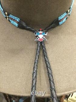 NATIVE Handmad Bead Hatband HAT BAND GENUINE ZUNI TURQUOISE STERLING SILVER BOLO