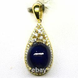 NATURAL 10 X 12 mm BLUE SAPPHIRE & WHITE CZ PENDANT 925 STERLING SILVER