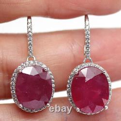 NATURAL 10 X 12 mm. OVAL RED RUBY & WHITE CZ DROP EARRINGS 925 STERLING SILVER