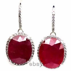 NATURAL 10 X 12 mm. OVAL RED RUBY & WHITE CZ DROP EARRINGS 925 STERLING SILVER