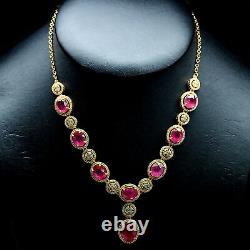 NATURAL 10 X 12 mm. OVAL RED RUBY & WHITE CZ NECKLACE 19 925 STERLING SILVER