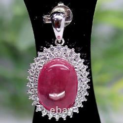 NATURAL 10 X 13 mm. CABOCHON RED RUBY & WHITE CZ PENDANT 925 STERLING SILVER
