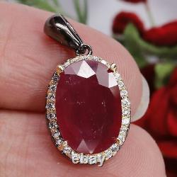 NATURAL 10 X 13 mm. OVAL CUT RED RUBY & WHITE CZ PENDANT 925 STERLING SILVER