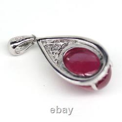 NATURAL 10 X 14 mm. OVAL CABOCHON RED RUBY & WHITE CZ PENDANT 925 SILVER