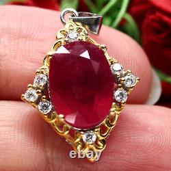 NATURAL 10 X 14 mm. OVAL CUT RED RUBY & WHITE CZ PENDANT 925 STERLING SILVER