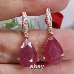 NATURAL 10 X 15 mm. PEAR RED RUBY & WHITE CZ EARRINGS 925 STERLING SILVER