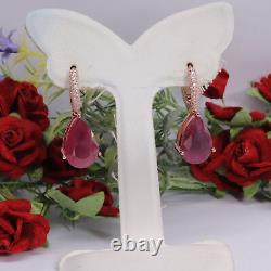 NATURAL 10 X 15 mm. PEAR RED RUBY & WHITE CZ EARRINGS 925 STERLING SILVER
