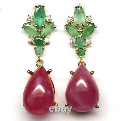 NATURAL 10 X 16 mm. RED RUBY, GREEN EMERALD & CZ EARRINGS 925 STERLING SILVER