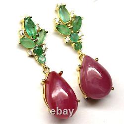 NATURAL 10 X 16 mm. RED RUBY, GREEN EMERALD & CZ EARRINGS 925 STERLING SILVER