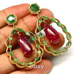 NATURAL 10 X 19 mm. RED RUBY & GREEN EMERALD DROP EARRINGS 925 STERLING SILVER