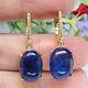 Natural 11 X 15 Mm. Oval Cabochon Blue Sapphire & White Cz Earrings 925 Silver