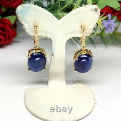 NATURAL 11 X 15 mm. OVAL CABOCHON BLUE SAPPHIRE & WHITE CZ EARRINGS 925 SILVER