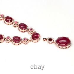 NATURAL 13 X 17 9 X 11 mm. CABOCHON RED RUBY & WHITE CZ NECKLACE 925 SILVER