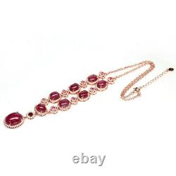 NATURAL 13 X 17 9 X 11 mm. CABOCHON RED RUBY & WHITE CZ NECKLACE 925 SILVER