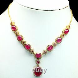 NATURAL 13 X 17 mm. 7 X 9 mm. RED RUBY & WHITE CZ NECKLACE 19 925 SILVER