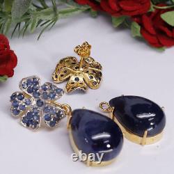 NATURAL 15 X 21 mm. CABOCHON WITH ROUND BLUE SAPPHIRE EARRINGS 925 SILVER
