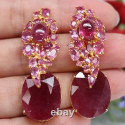 NATURAL 17 X 21 mm. OVAL RED WITH PINK RUBY EARRINGS 925 STERLING SILVER