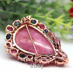 NATURAL 21X36mm PINK & WHITE RUBY SAPPHIRE TWO DESIGN PENDANT/BROOCH 925 SILVER