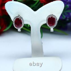 NATURAL 6 X 8 mm. OVAL RED RUBY & WHITE CZ EARRINGS 925 STERLING SILVER