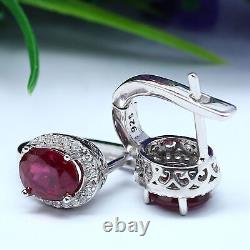 NATURAL 6 X 8 mm. OVAL RED RUBY & WHITE CZ EARRINGS 925 STERLING SILVER