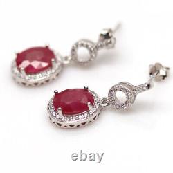NATURAL 6 X 8 mm. RED RUBY & WHITE CZ 925 STERLING SILVER EARRINGS