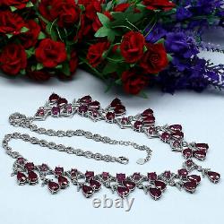 NATURAL 6 X 9 mm. RED RUBY & WHITE CZ NECKLACE 20 925 STERLING SILVER