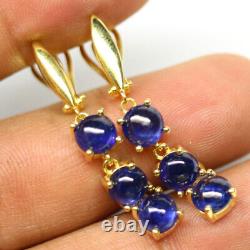 NATURAL 6 mm. BLUE SAPPHIRE DROP EARRINGS 925 STERLING SILVER