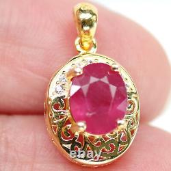 NATURAL 7 X 9 mm. OVAL RED RUBY & WHITE CZ PENDANT 925 STERLING SILVER