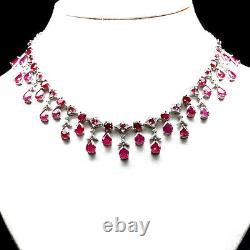 NATURAL 7 X 9 mm. PEAR RED RUBY & WHITE CZ NECKLACE 19.5 925 STERLING SILVER