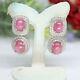 Natural 8 X 10 Mm. Cabochon Pink Ruby & White Cz Earrings 925 Sterling Silver