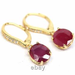 NATURAL 8 X 10 mm. OVAL RED RUBY & WHITE CZ DROP EARRINGS 925 STERLING SILVER