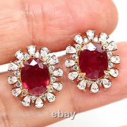 NATURAL 8 X 10 mm. OVAL RED RUBY & WHITE CZ STUD EARRINGS 925 STERLING SILVER