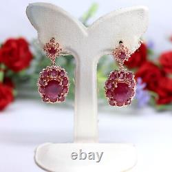 NATURAL 8 X 11 mm. RED RUBY & WHITE CZ EARRINGS 925 STERLING SILVER PINK GOLD