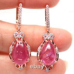 NATURAL 8 X 13 mm. PINK RUBY & WHITE CZ 925 STERLING SILVER EARRINGS