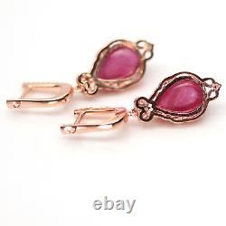 NATURAL 8 X 13 mm. PINK RUBY & WHITE CZ 925 STERLING SILVER EARRINGS