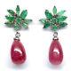 Natural 8 X 3mm. Red Ruby & Green Emerald Earrings 925 Silver Sterling