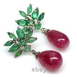 NATURAL 8 X 3mm. RED RUBY & GREEN EMERALD EARRINGS 925 SILVER STERLING