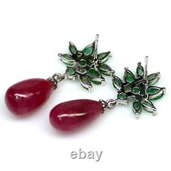 NATURAL 8 X 3mm. RED RUBY & GREEN EMERALD EARRINGS 925 SILVER STERLING