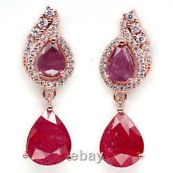 NATURAL 8 X 9 mm. PEAR RED RUBY & WHITE CZ DROP EARRINGS 925 STERLING SILVER